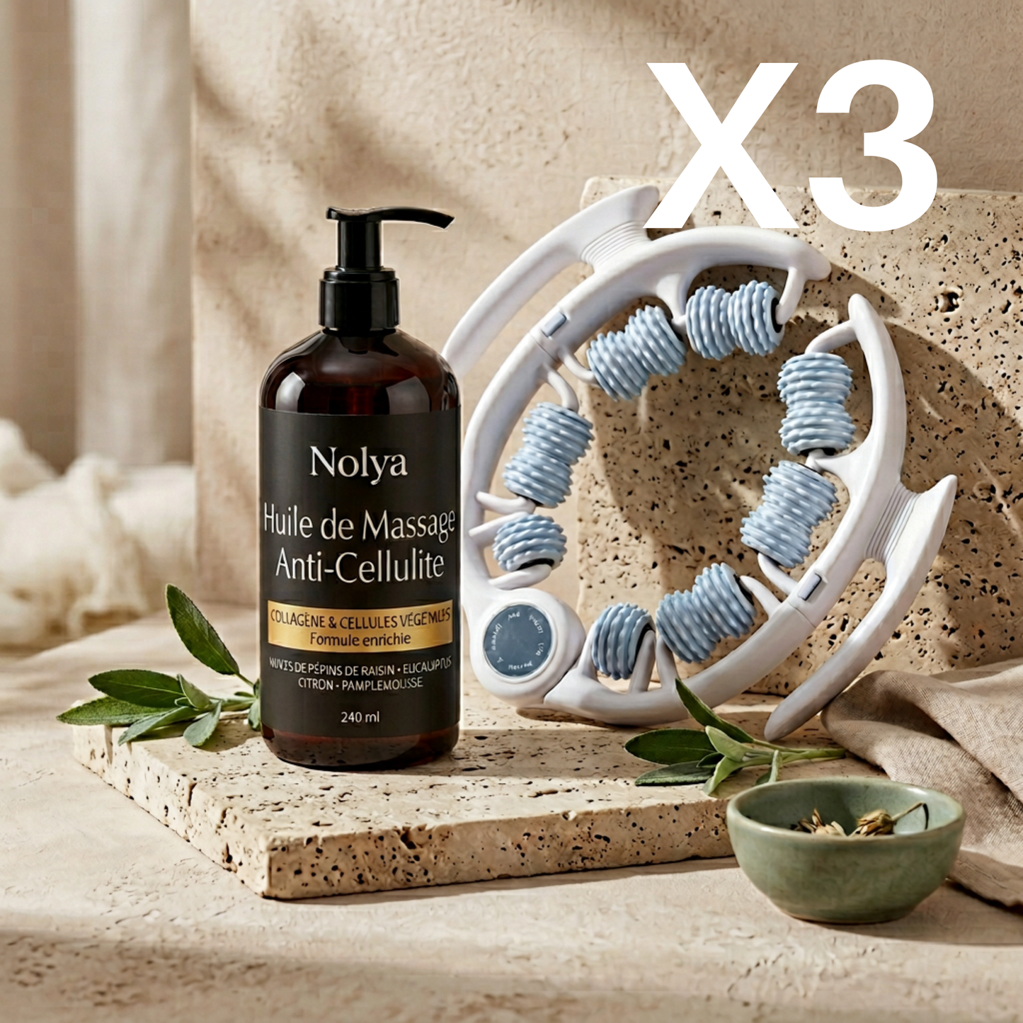 Cure Complète Nolya — 3 flacons huile drainante avec bague massante offerte