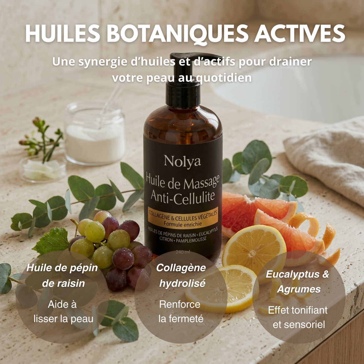 Application de l'huile drainante Nolya sur les cuisses avec bague massante