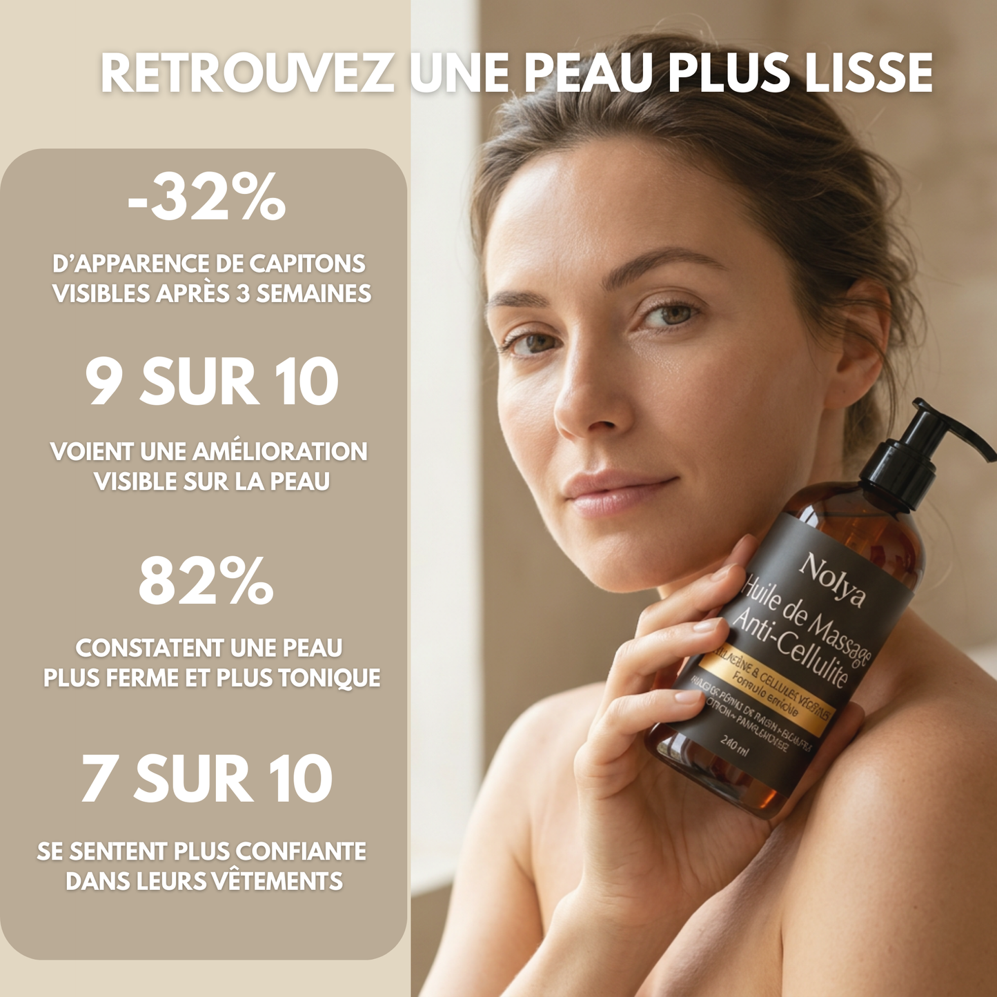 Texture huile sèche Nolya — fini soyeux non gras, pénétration rapide